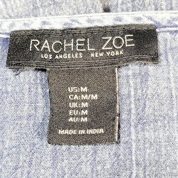 Rachel Zoe Cotton Embroidered Denim Gauze Textured Baby Doll Pop Over Blouse (M) - Picture 5 of 8